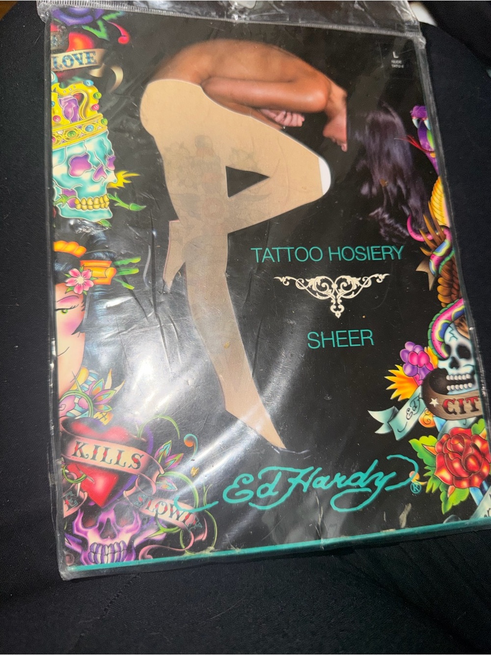 Ed Hardy Sheer Tattoo Hosiery - Black with Multicolor Tattoo Accents